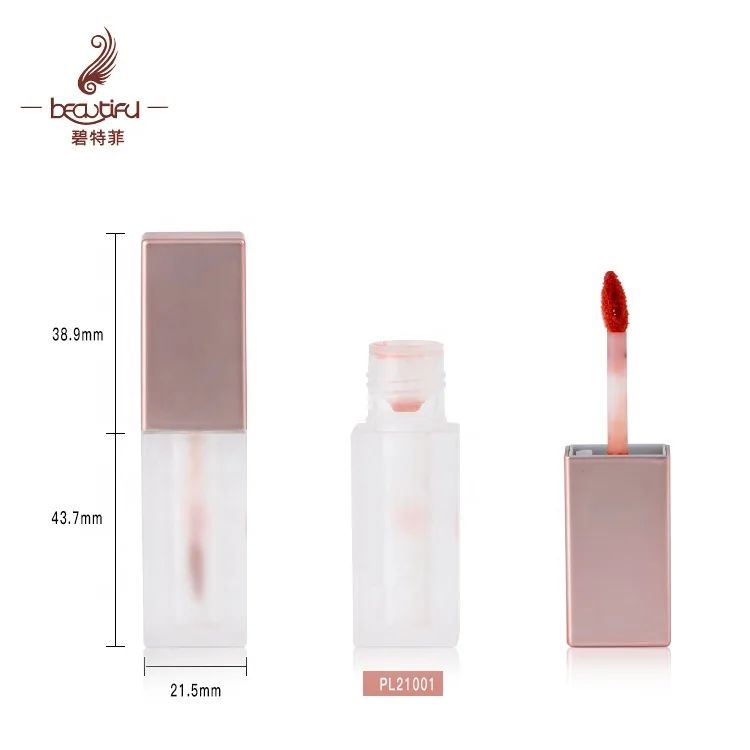 Empty 2.5ml plastic square lip gloss/liquid lipstick tubes with metallic pink lid + frosted transparent bottle with heart brush