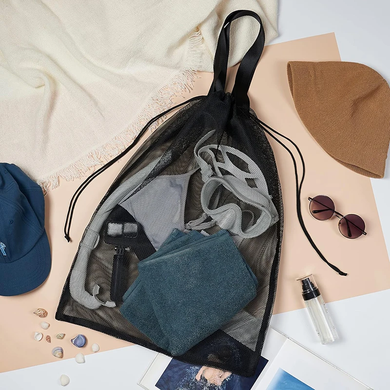 Foldable Nylon Mesh Drawstring bathing Suit Bathrobe Towel Organizer Swimming Pool Bags With Handles