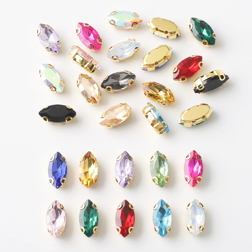 6*12mm Gold Claw Marquise Glass Stone Navette Crystal Rhinestones for DIY Making Wedding Garment Sewing Clothing Accessories