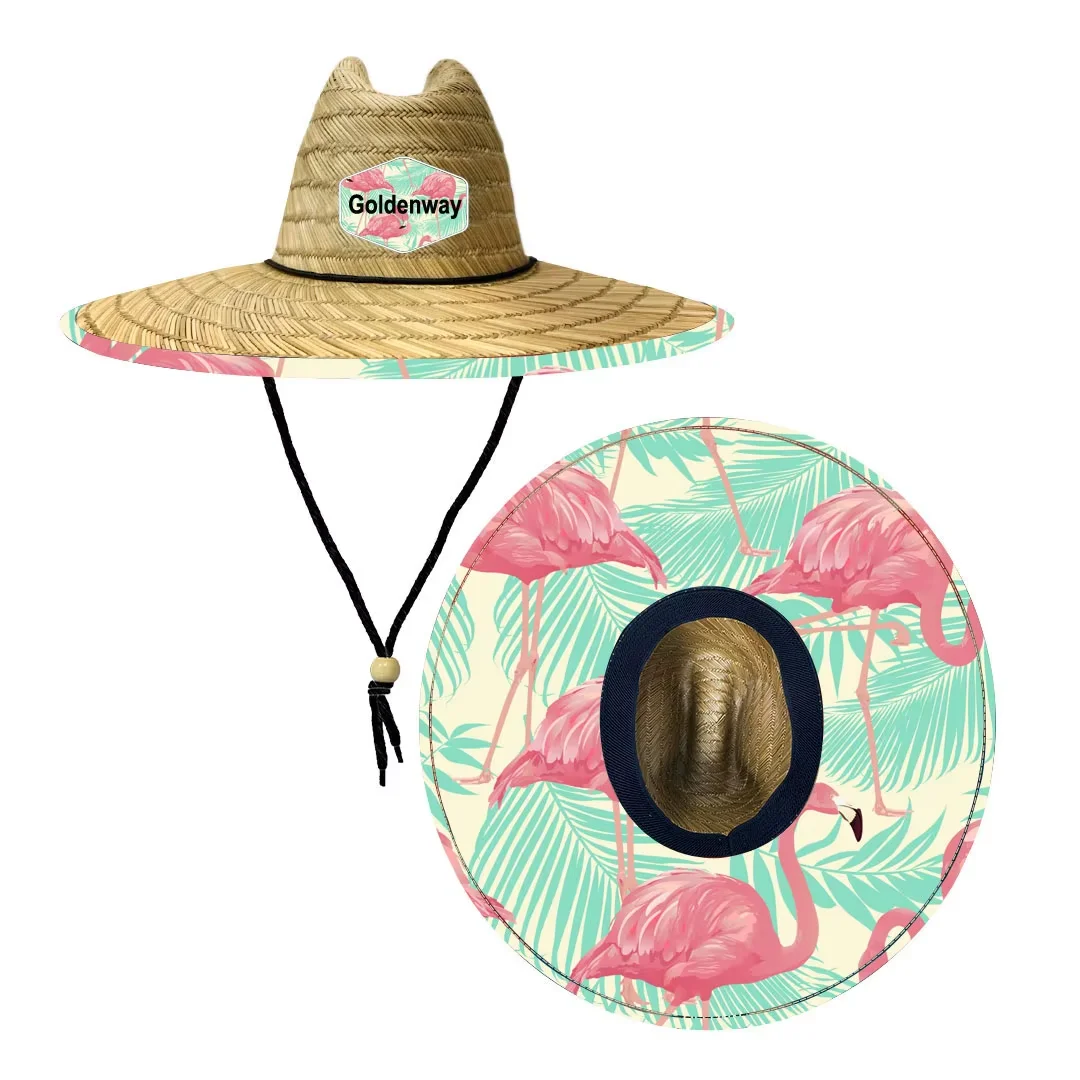 Flamingo Pattern design sun production women lifeguard wide brim custom straw hat wholesale