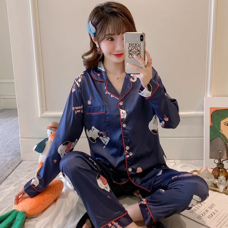 
Spring and autumn pajamas ladies cardigan simulation silk home service suit Oversized pajamas 