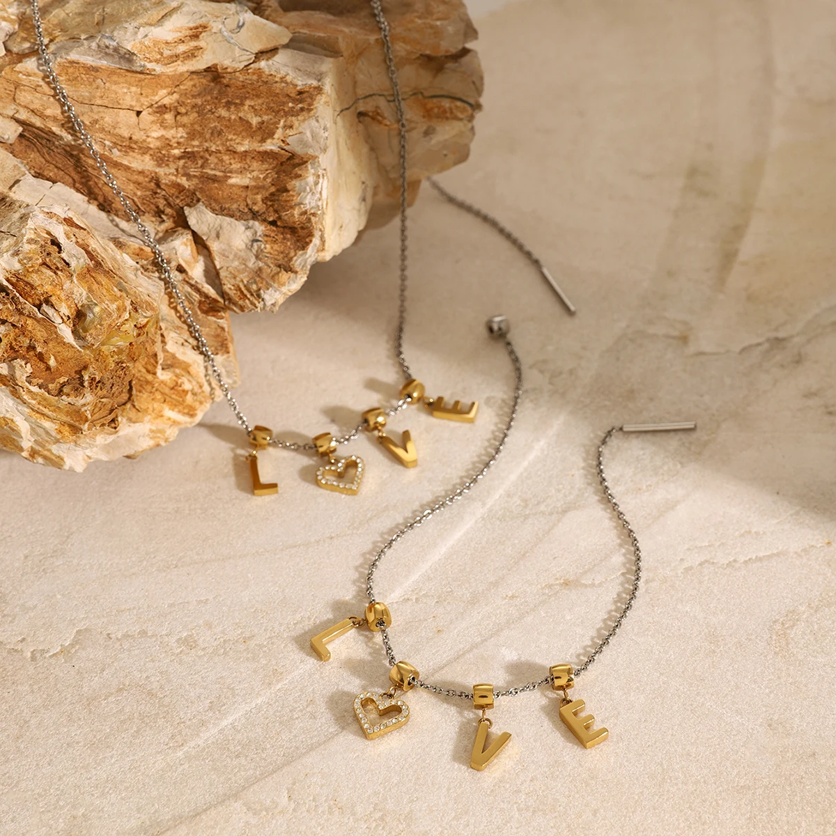 J&D Minimalist 14K Gold Plated Stainless Steel LOVE Pendant Sliding CZ Necklaces For Women 50cm