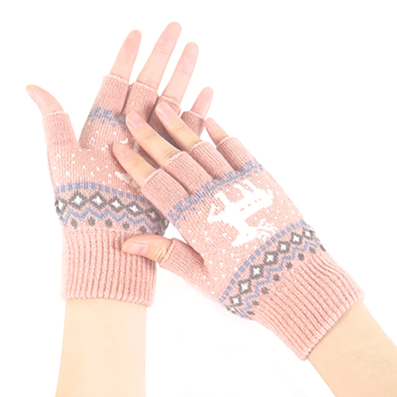 2021 Women Print knitted soft warm half finger wool winter warm  gloves
