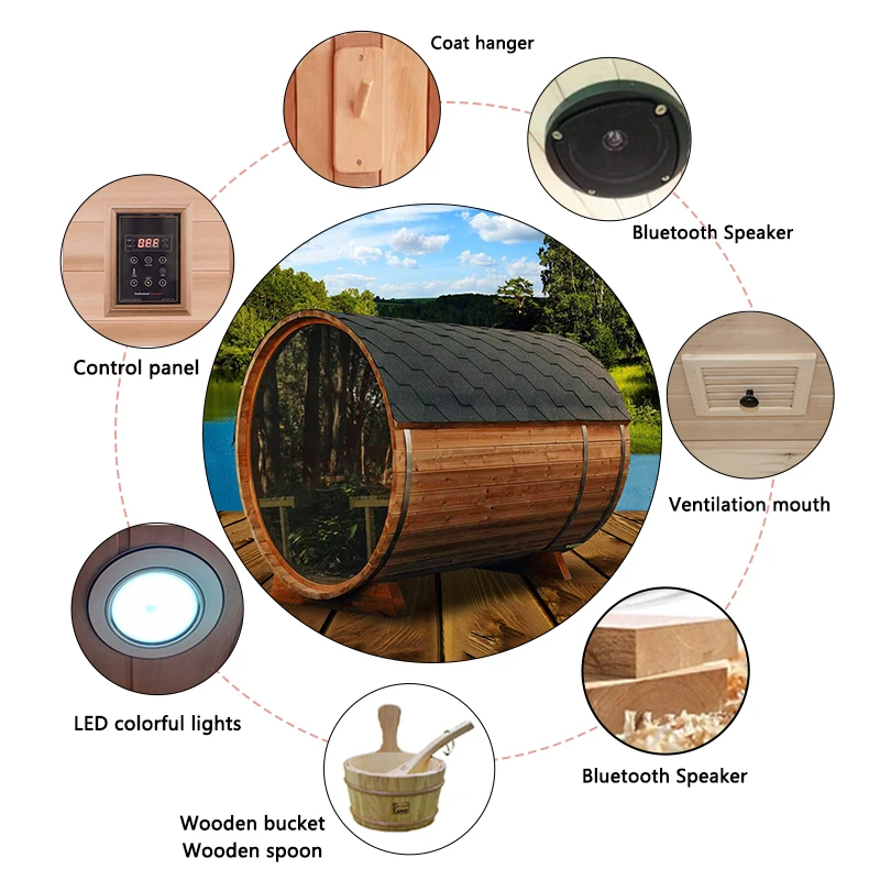 2022 Hot Sale Sauna Outdoor Red Cedar Wooden Traditional Barrel Sauna Room with Heater