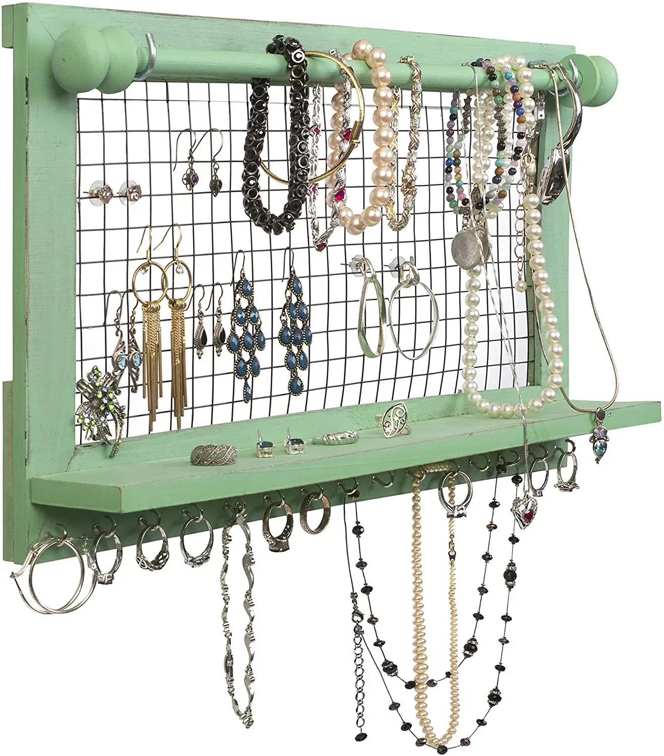 Rustic Jewelry Organizer With Bracelet Rod Wooden Wall Mount Holder For Earrings Necklaces Bracelets