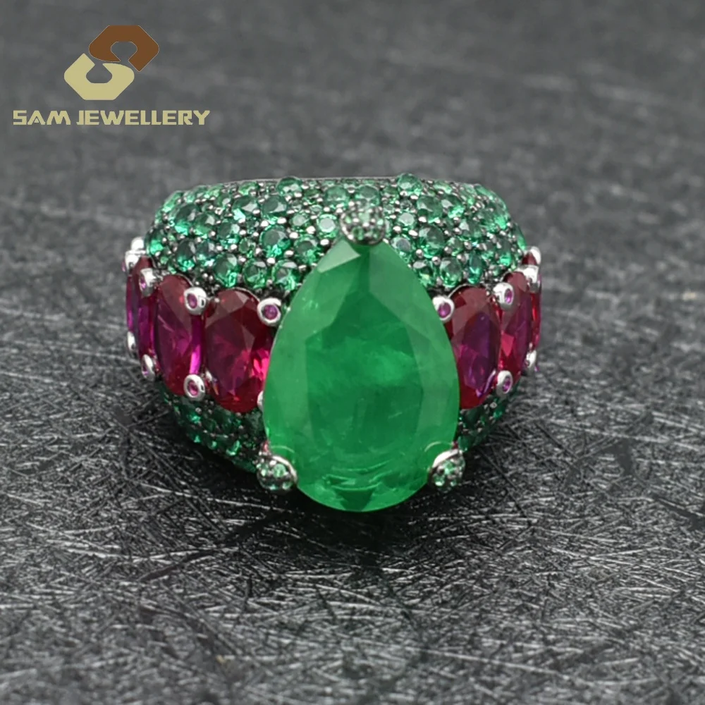 Luxury Ring Sterling 925 Silver Colombian Emerald Fusion Stone  Prong Setting Ruby Stone Attend the Evening Party Ring