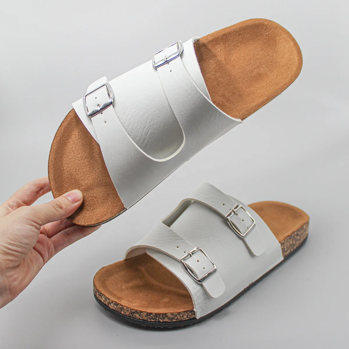 Happyslides Ready Stock Custom Logo New Style White Sandals PU Leather Buckle Double Strap Eva Sole Cork Women Flat Sandals
