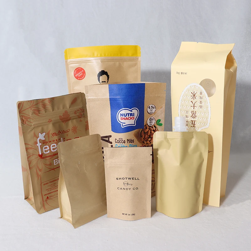 Custom Private Labels Free Sample Eco Friendly Brown Kraft Paper Stand Up Pouch Bags With Clear/Matte Window For Tea Nuts Coffee