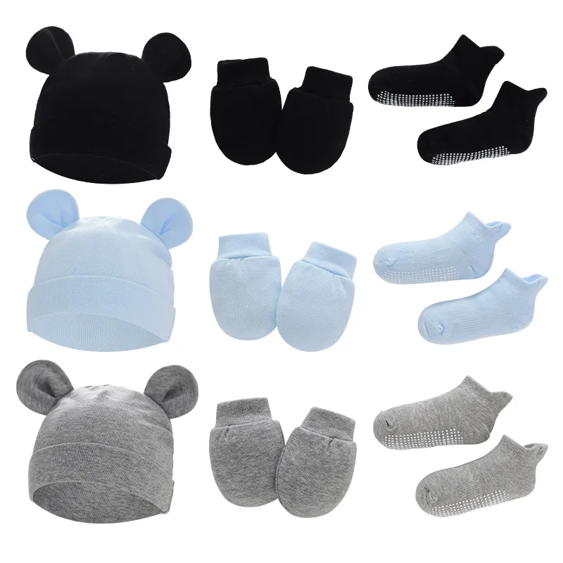 0-6 Month Newborn Baby Hat Ears Baby Knitted Beanie Hats Socks with Baby Teething Glove Set