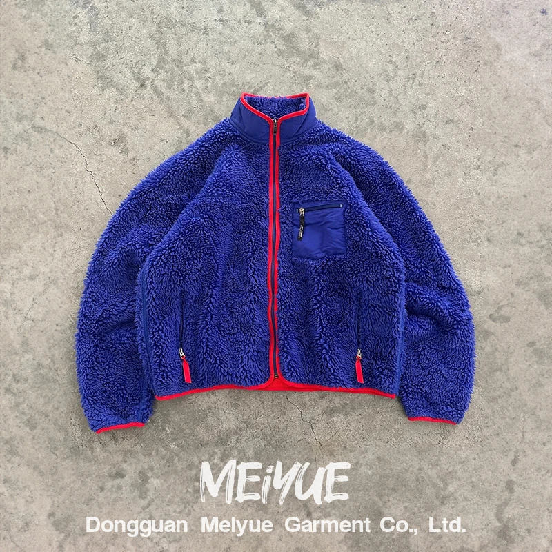 Custom Sherpa Embroidery Color Block Winter Men Jacket Warm Vertical Collar Berber Fleece Jacket Zip up Coat Sweatshirt Unisex