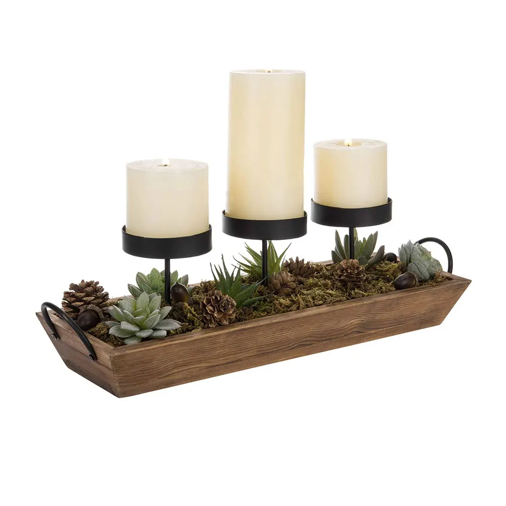 3-Pillar Black Metal Candle Holder with Rustic Wood Tray and Handles, Tabletop/Mantel Centerpiece