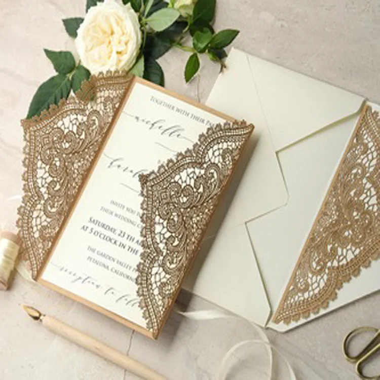 
Custom Fancy Lace Laser Cut Wedding Party Invitations Hard Cover Cards 