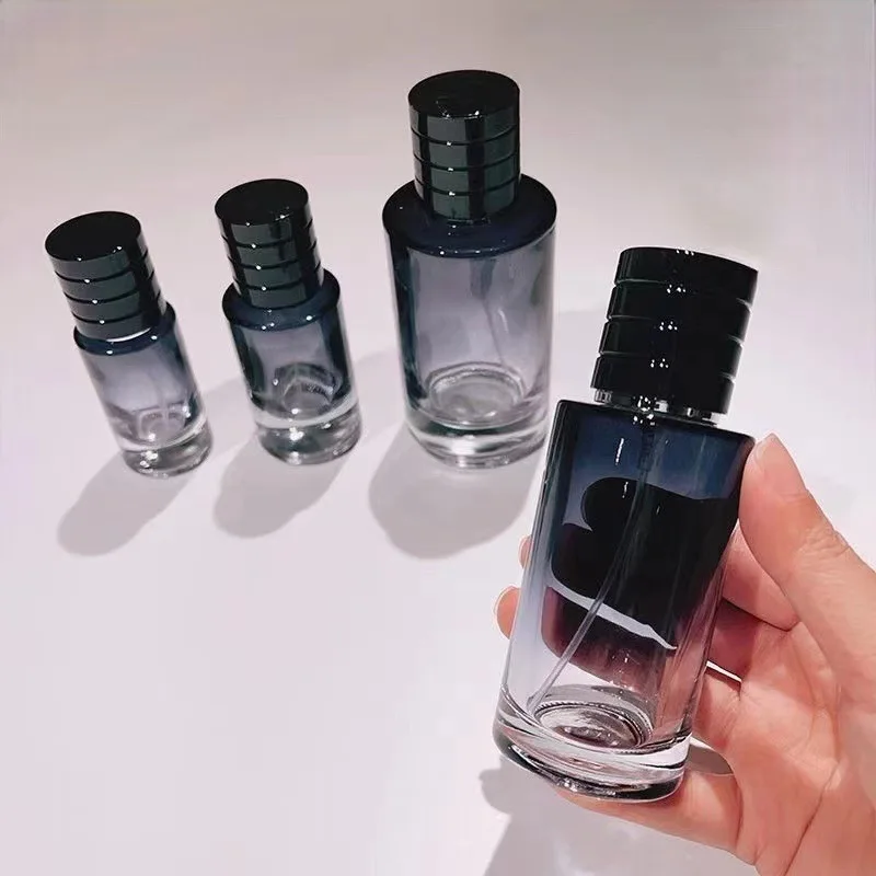 Refillable Gradient Blue Color Men Parfum Botol 30ml 1oz Cylinder Cologne Atomizer Round Spray Glass Perfume Bottles