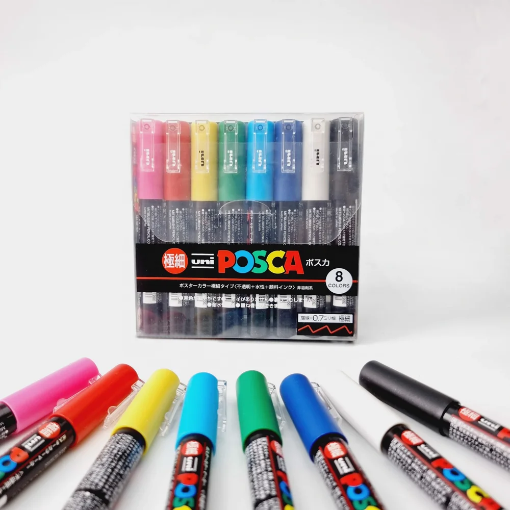 Uni Posca Paint Marker Pens, Mitsubishi Posca Markers Poster Color Marking Pen Extra Fine Point PC-1M Set of 8 Colors