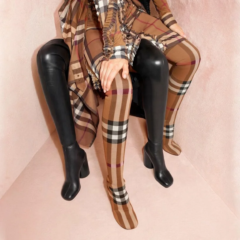 Classic Plaid Women Stretch Thigh High Boots Fancy Chunky Heels Over The Knee Booties Ladies Long Back Zipper Booty