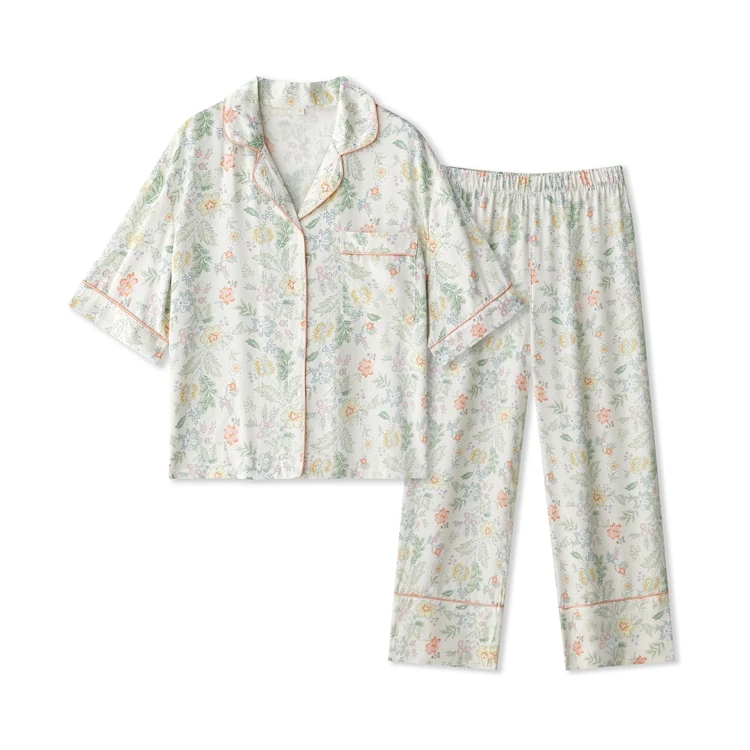 2022 Cotton Lapel Monet Garden Short Sleeve Trousers Pajama Cardigan Pajamas set Sleepwear