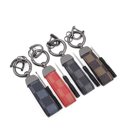 Luxury genuine leather cord female male keychain square pattern gunmetal car keychain jewelry holder gift keychain