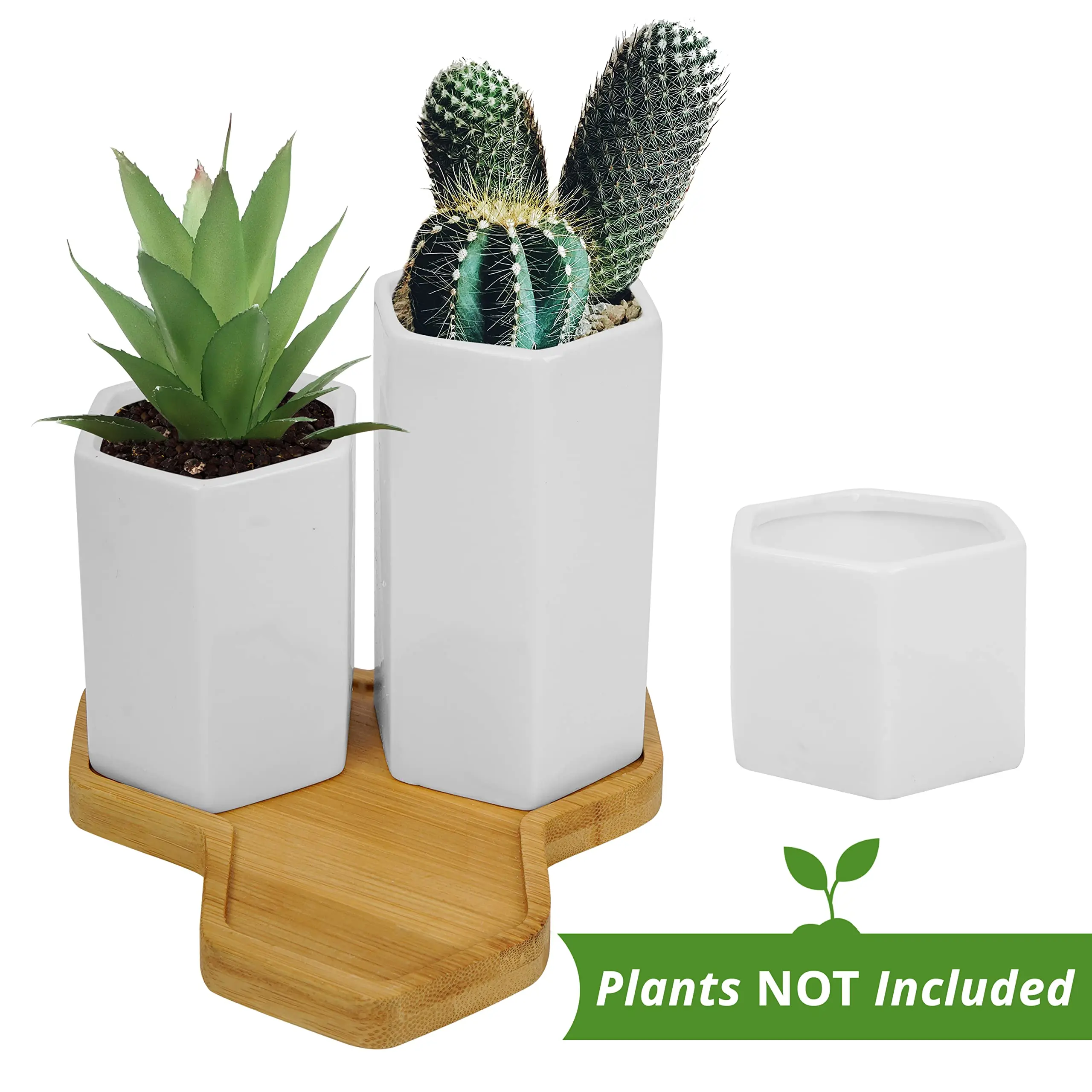 NISEVEN New Design 3pcs/Set White Hexagon Ceramic Pots With Bamboo Tray Succulent Pot Ceramic Flower Pot