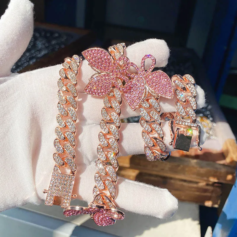 Luxury Full Iced Diamonds Zircon Choker Butterfly Necklace Wholesale Gold Silver Necklace Cuban Link Chain Necklaces
