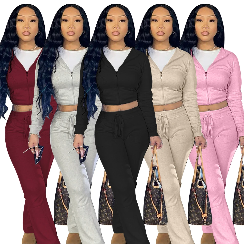 Autumn and winter new drawstring hooded multi pocket wide Wide Leg Pants German velvet women two-piece suit