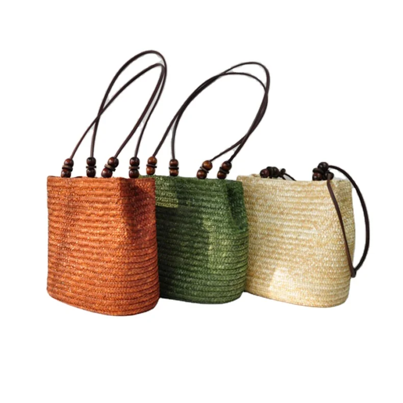 One Shoulder Wood Bead Wheatgrass Straw Braided Bag Wholesale Bag Platycodon With Sandwich Wood Bead Beach Straw Bag
