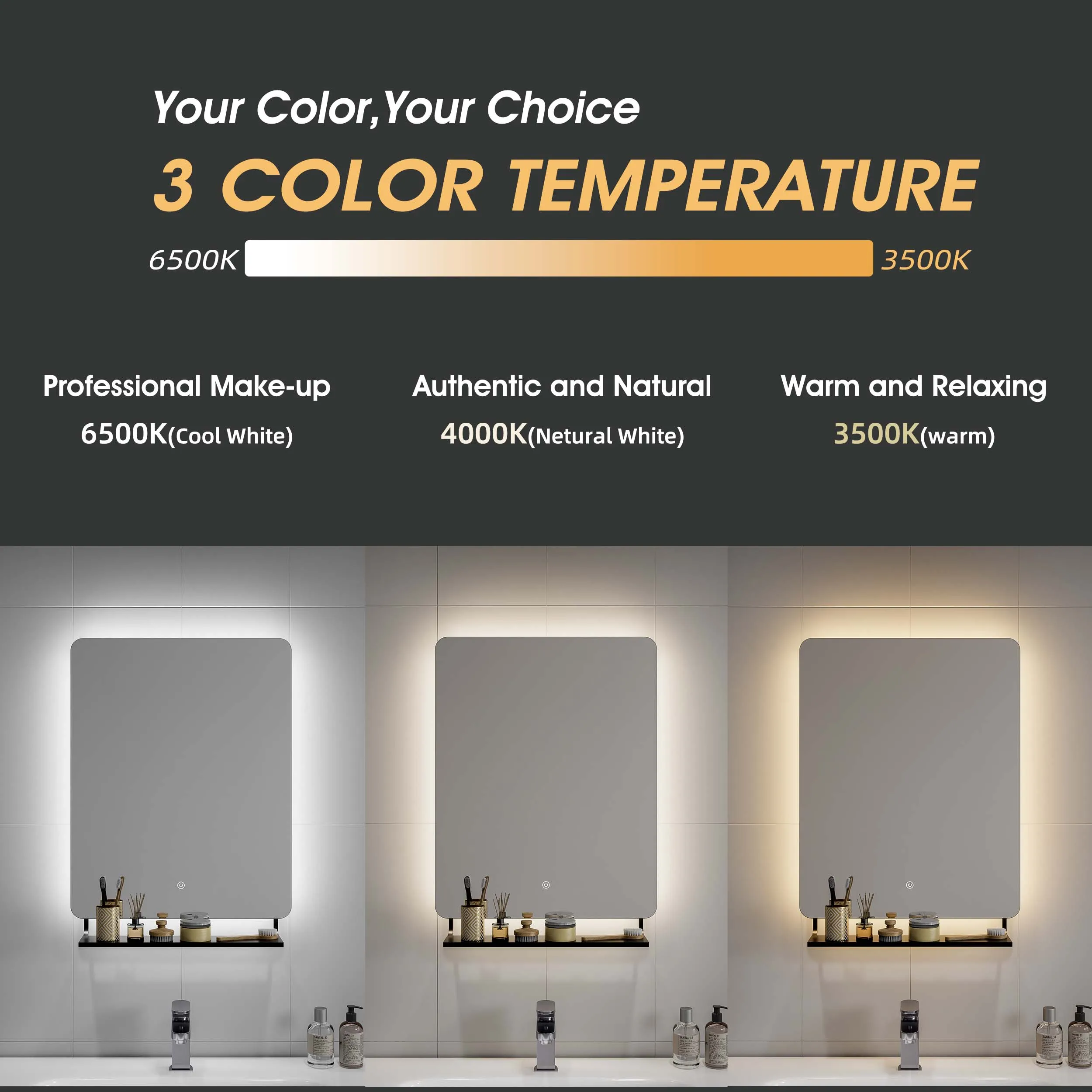 Smart Mirror Touch Screen Modern Hotel Anti Fog Square Storage Backlit Frameless Led Light Shelves Bathroom Mirror With Shelf