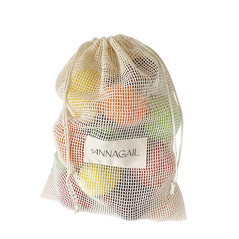 Wholesale custom Label portable drawstring cotton mesh produce shopping bags