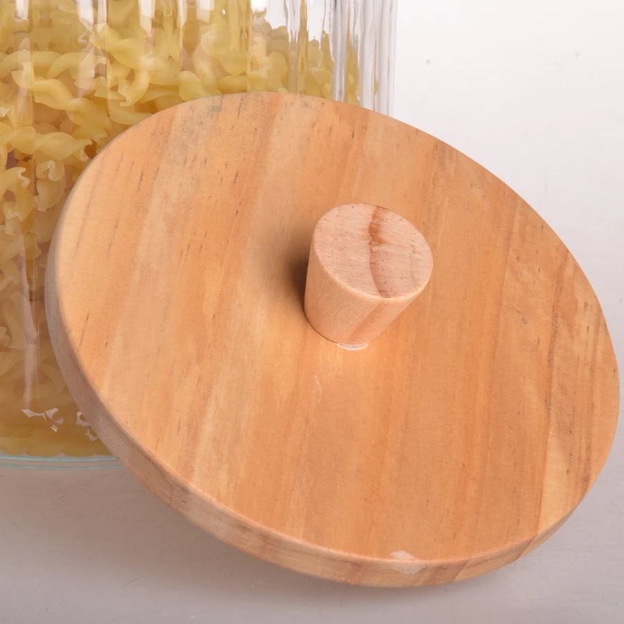 wholesale clear kitchen preserve food glass spice storage jar with airtight wooden top and handle