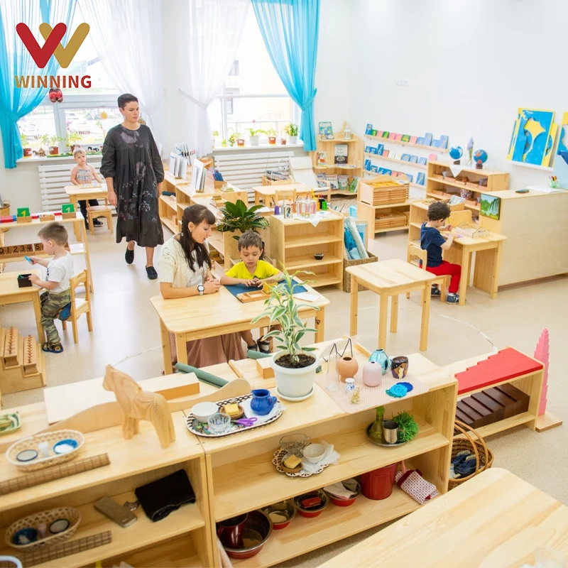 Montessori Materials Toy Cabinet Wooden Daycare Kindergarten Furniture Preschool Table and Chair Set for Montessori Classroom