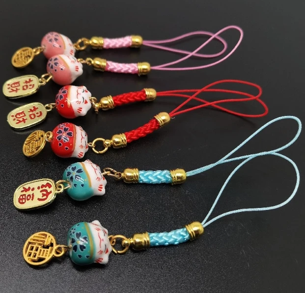 New handmade ceramic Maneki neko phone car charm fresh and cute cartoon ethnic style for keychain