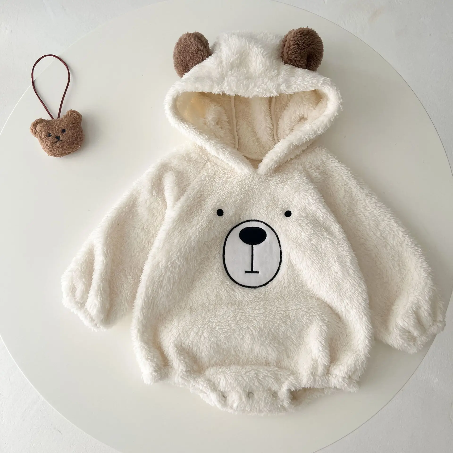 Ins Autumn Winter Newborn Toddler Girl Bear Long Sleeve Thick Fleece Hooded Romper Outfits Baby Bodysuit