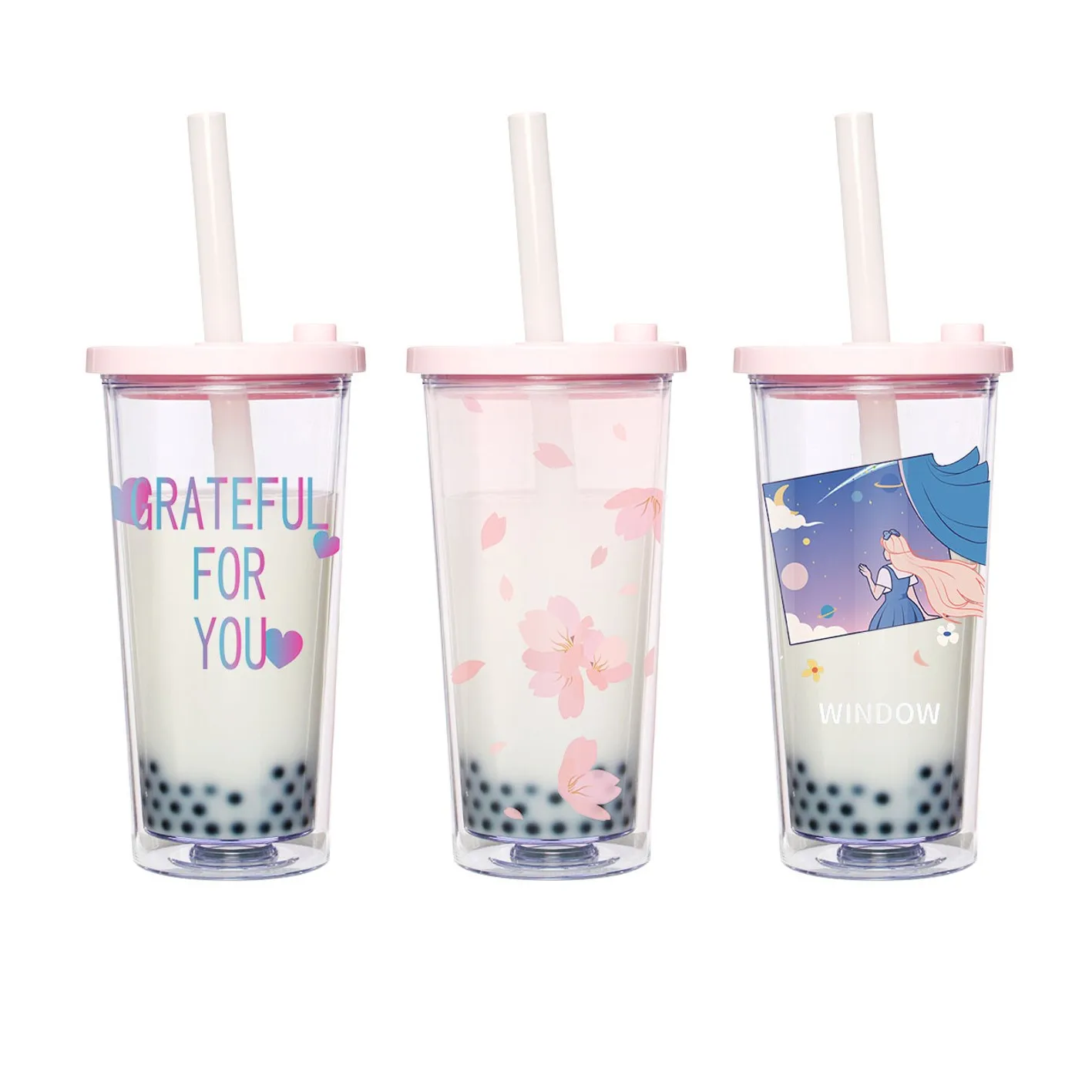 Olovn 20oz Custom Cute Clear Drinking Bubble Tea Double Wall Plastic Reusable Tumbler Boba Cup with Straw