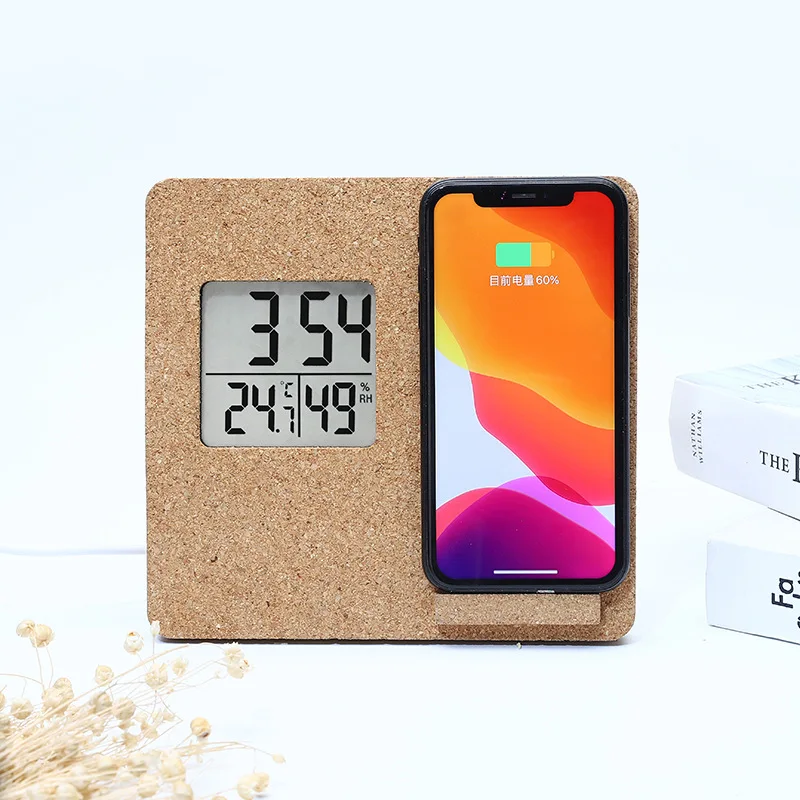 Multifunction Bamboo Cork Wood 2 in 1 Digital Alarm Clock Wireless Charger Stand for desk office