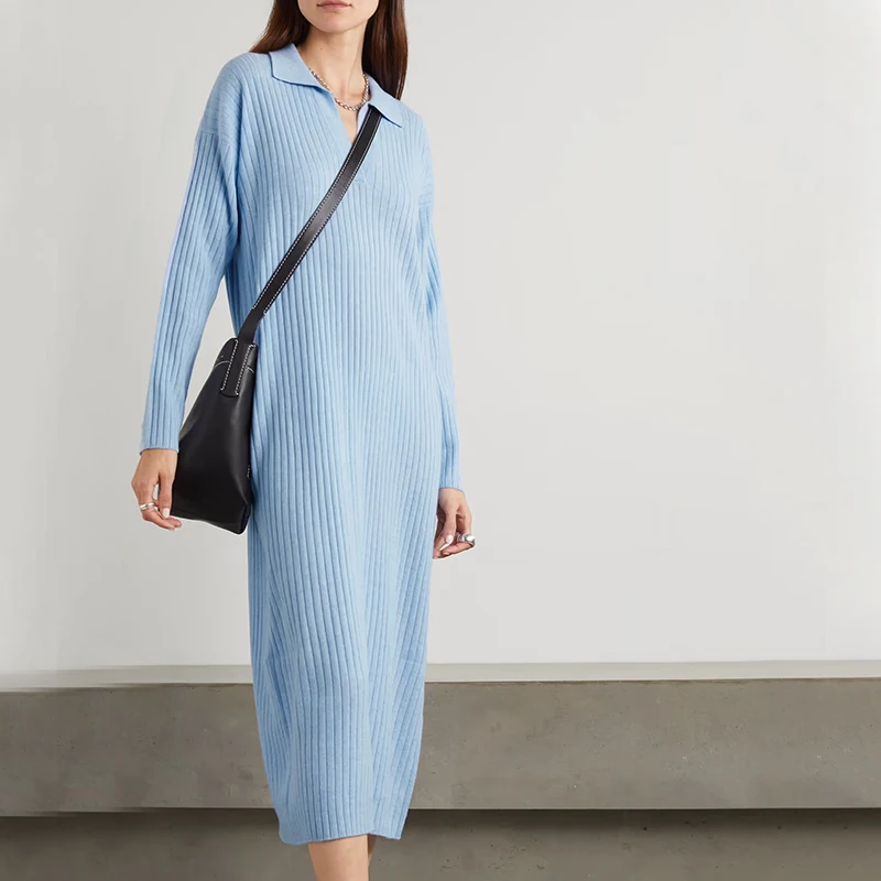 Вязаная одежда от производителя на заказ Новинка весна-осень Небесно-Голубой воротник поло Длинные рукава вискоза вязаный свитер женское платье