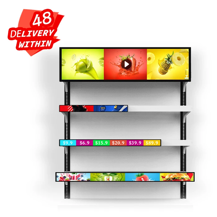 Free CMS Software Indoor Shelf Advertising Screen Android Stretched Bar Type Lcd Display For Store Shelves