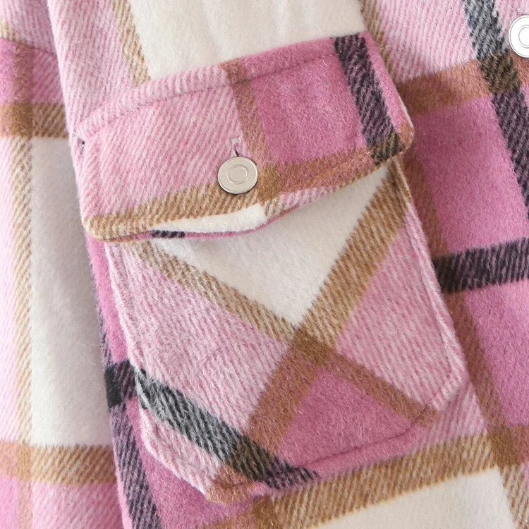 Women Fashion Lapel Collar Long Sleeve Loose Outerwear Vintage Stylish Pockets Oversized Plaid Jacket Coat