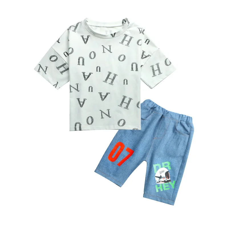 
kids summer suits 2021 new foreign letters short-sleeved jeans two-piece suit 