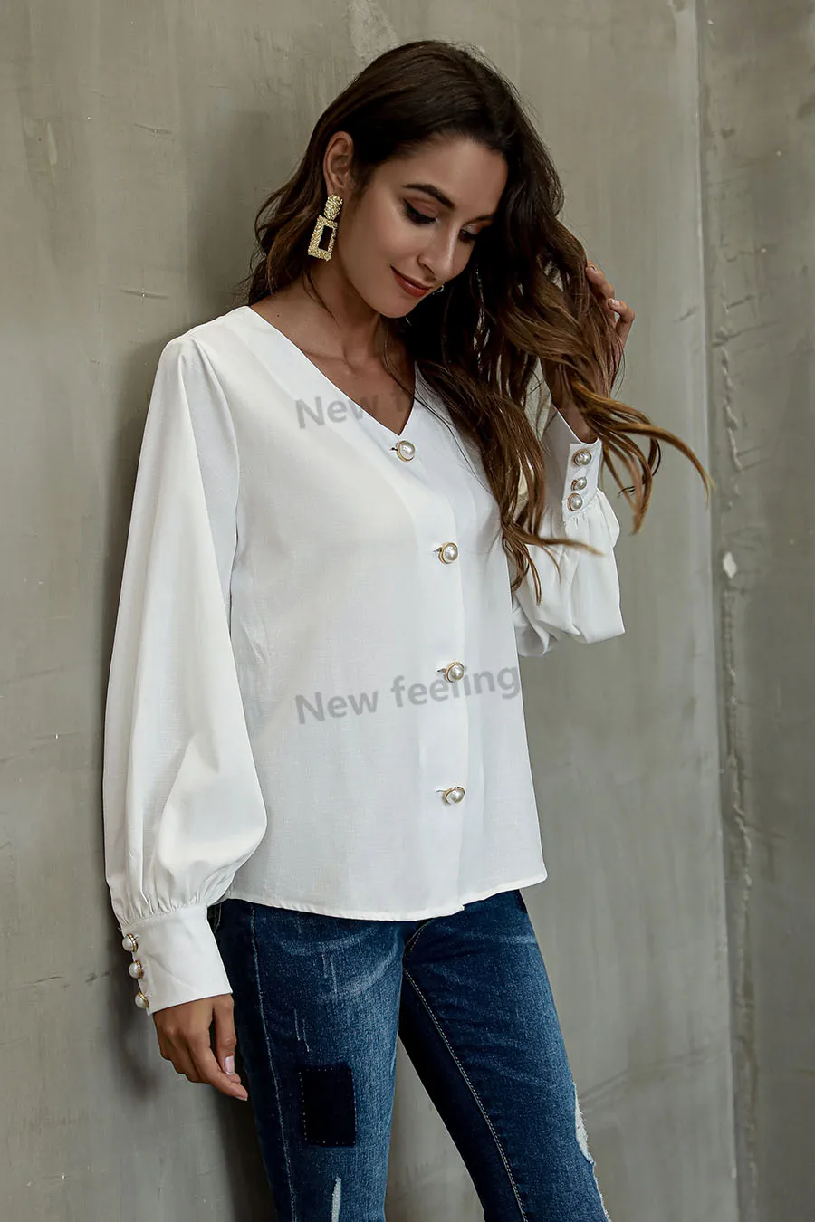 White Blouse Office Wear Women V Neck Lantern Long Sleeves Women Shirt Latest Design Ladies Office Blouses