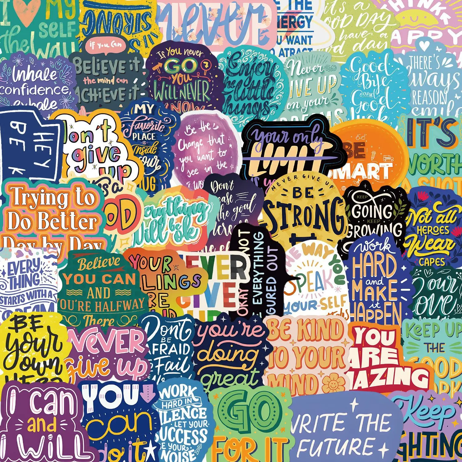 50Pcs Colorful Inspirational English Graffiti Stickers For Bottle Phone Decor Positive Phrases Sticker