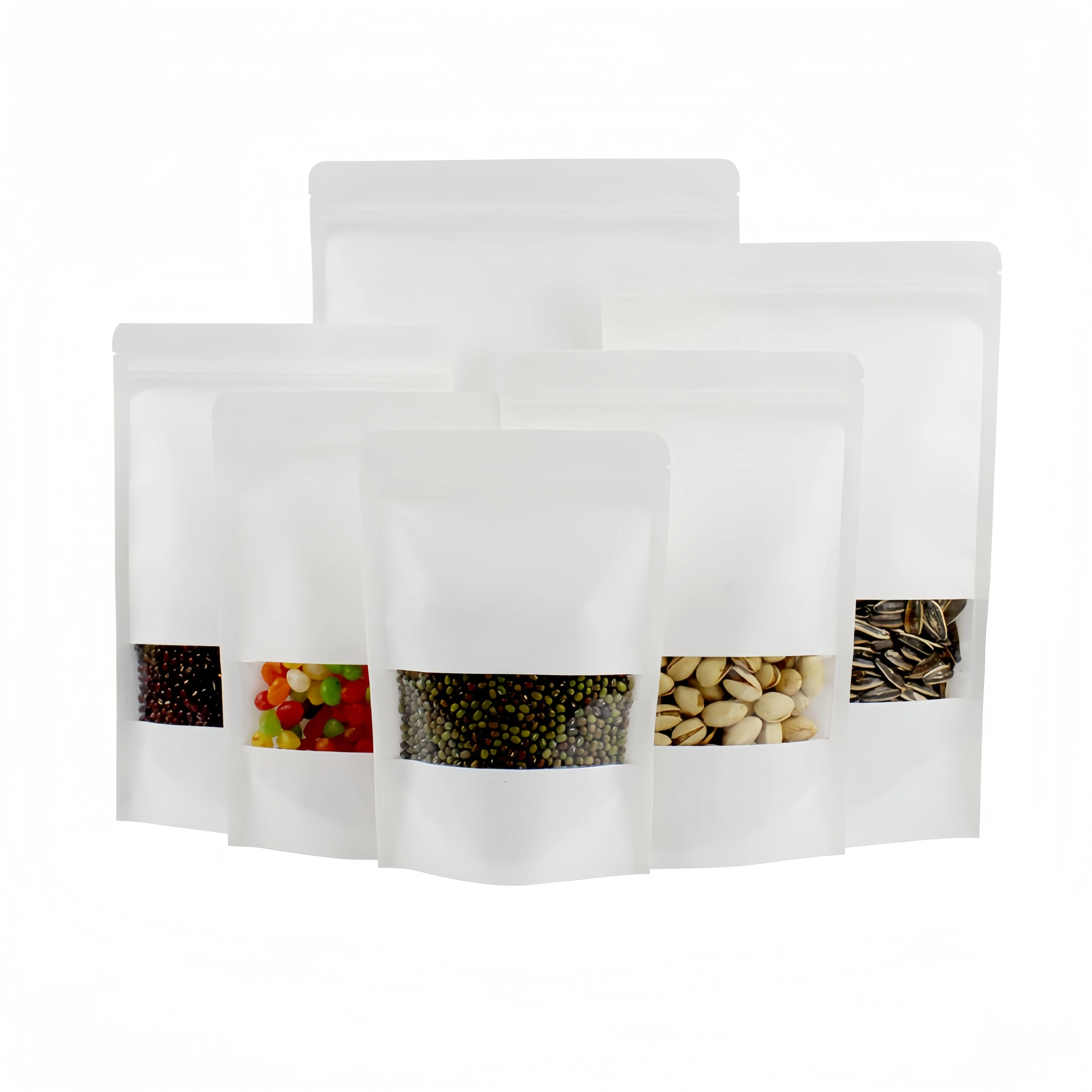 In stock Stand Up White Kraft Paper Resealable Ziplock Plain Heat Sealable Food Packaging Doypack Pouches Bags With Window