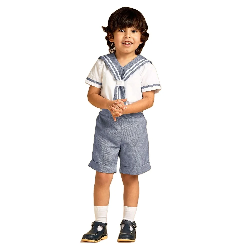 Summer New Arrival Symmetrical Double Button kids Short Sleeve Shirt and Short Suit  Boy Sailor Collar Set Boy Two Piece Set