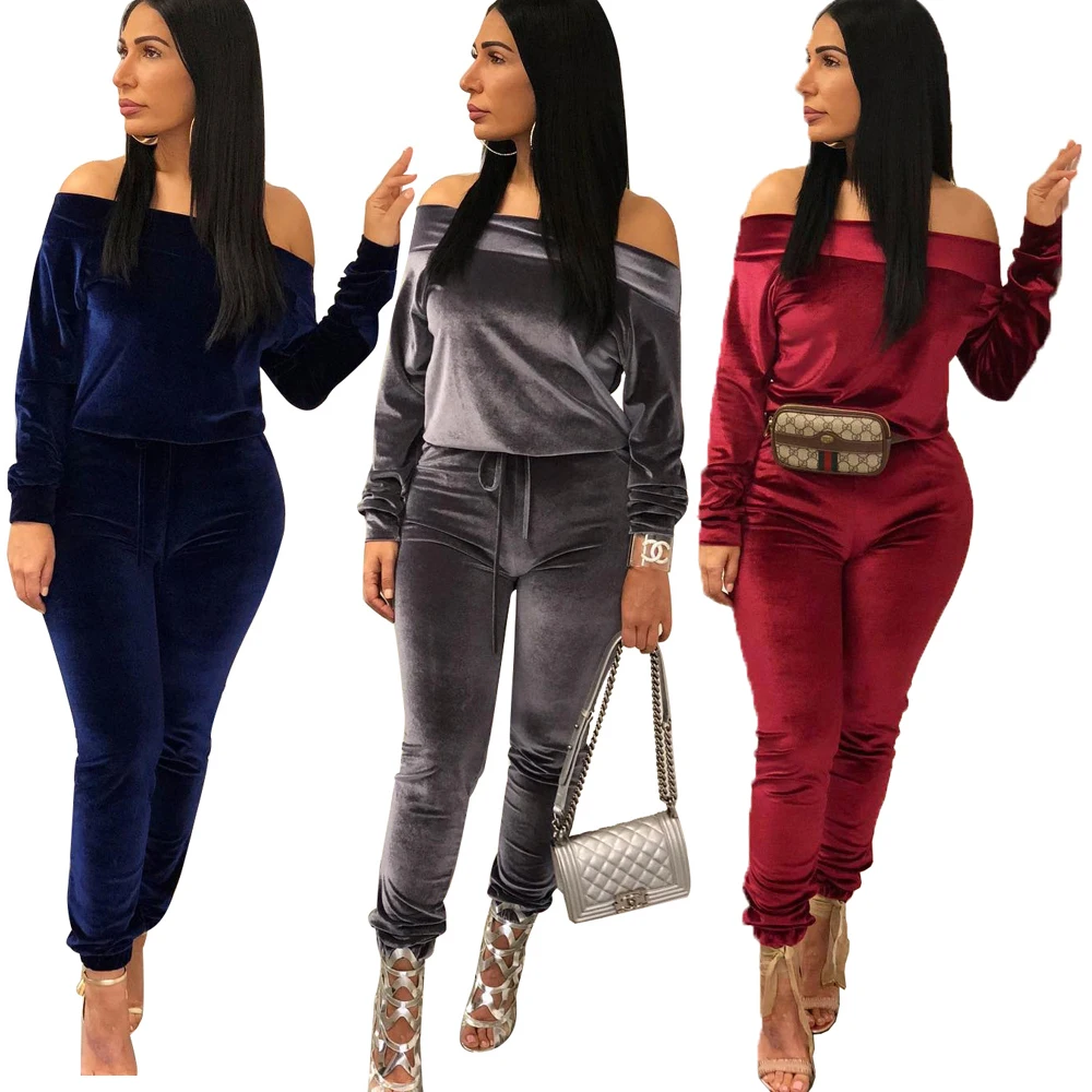 
YHH5055 off the shoulder hoodies and long trousers ladies two piece set women western velvet pant suit 