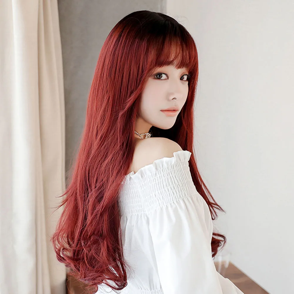 7JHH WIGS Wholesale Price 26 Inches Long Wavy Wig With Bangs 150% Density Natural Colored Synthetic Hair Wigs For Women