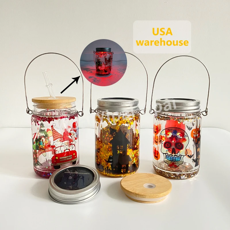 US warehouse Blank sublimation Waterproof 11oz Solar Lights mason jar  snow globe sublimation glowing elf can wind spinner