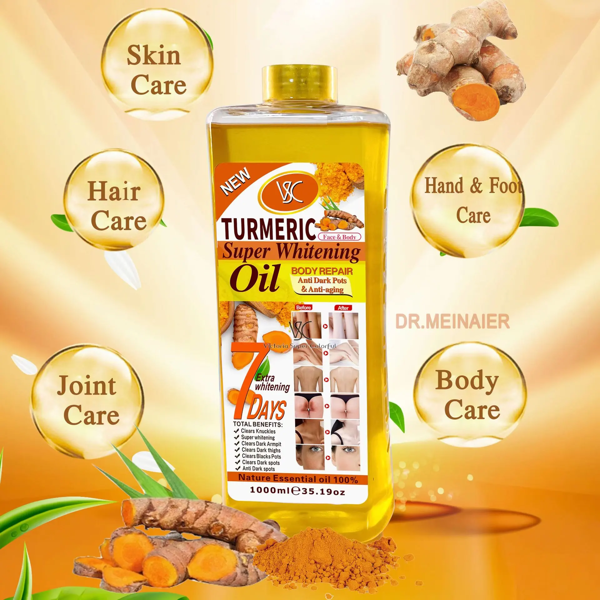 High Quality 1000ml Turmeric Oil Super Whitening Oil Skin Anti-Aging Dark Spot Removal Face&Body  Repair Massage Oil