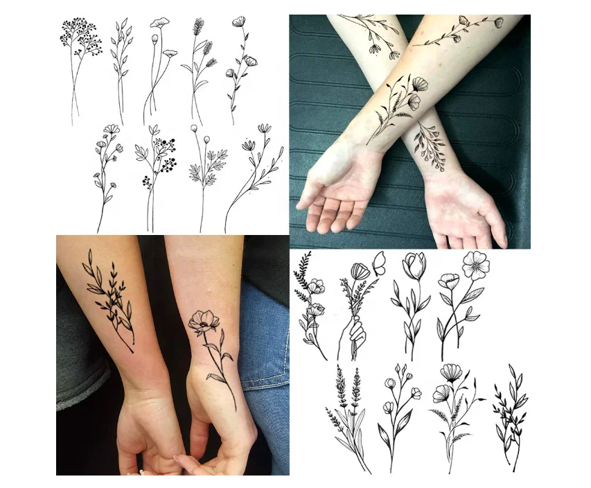 15 Sheets Tiny Branch Black Flower Temporary Tattoos For Women Girl Floral Bouquet Small Tattoo Temporary