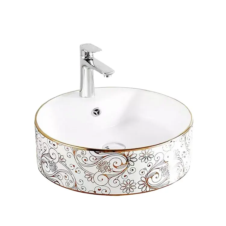 Art Basin Gold Pattern Round Countertop Ceramic Bathroom Hotel Vessel Sink Luxury