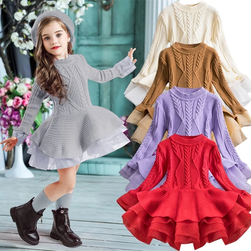 2020 Winter Knitted Chiffon Girl Dress Christmas Party Long Sleeve Children Clothes Kids Dresses For Girls New Year Clothing