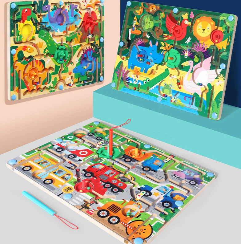 2023 new children brain training games wooden magnetic pen walking bead animal dinosaur traffic agency maze toys