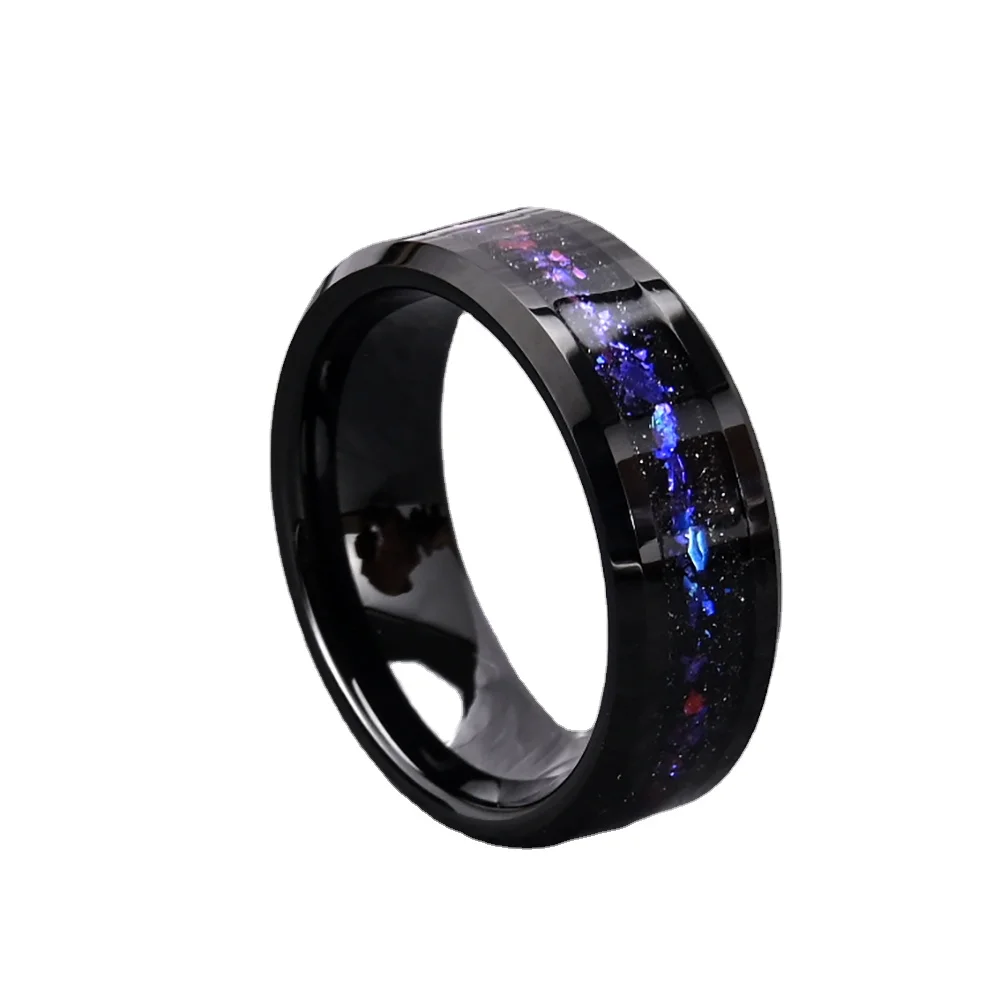 Custom 8mm Black & Galaxy Blue Opal Inlay Tungsten Carbide Rings for Men Trending Fashion Jewelry for Wedding  Eternity Ring